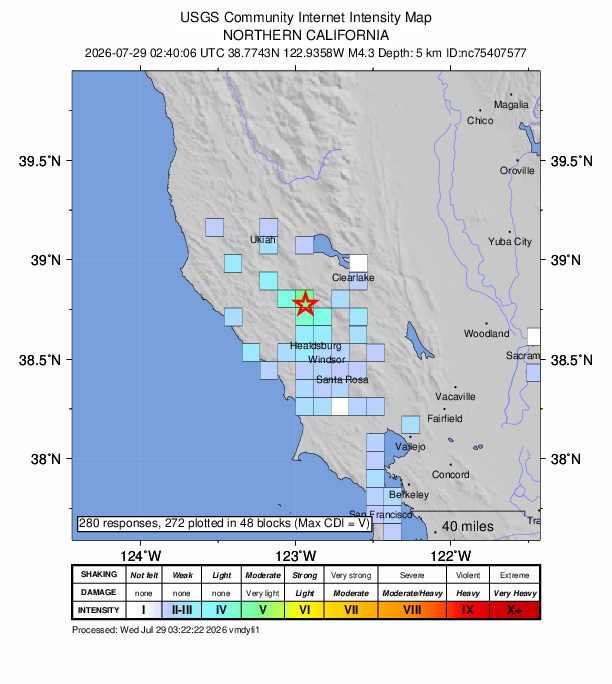USGS DYFI community-reported intensity map for the M4.3 earthquake near 8 km ESE of Cloverdale, CA