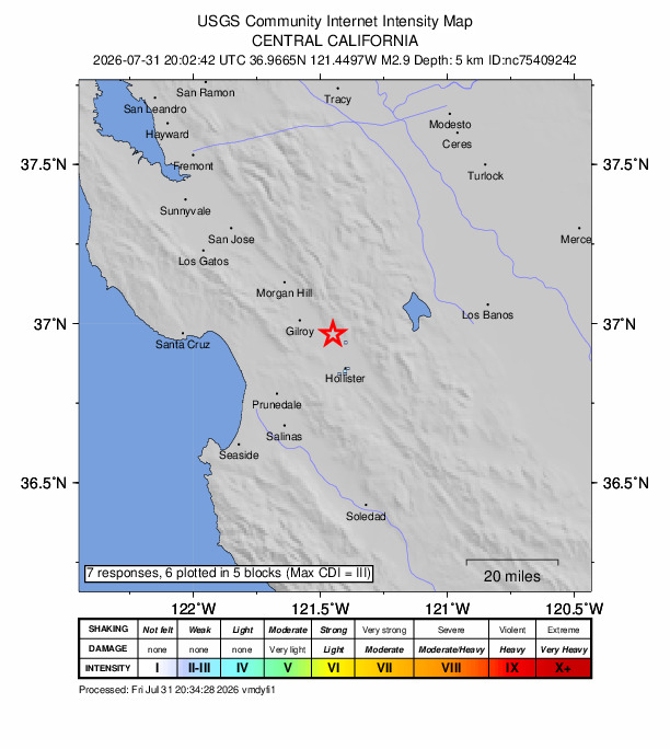 USGS DYFI community-reported intensity map for the M2.9 earthquake near 11 km ESE of Gilroy, CA