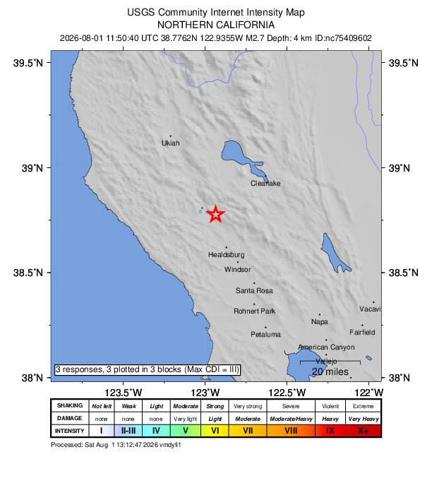 USGS DYFI community-reported intensity map for the M2.7 earthquake near 8 km ESE of Cloverdale, CA