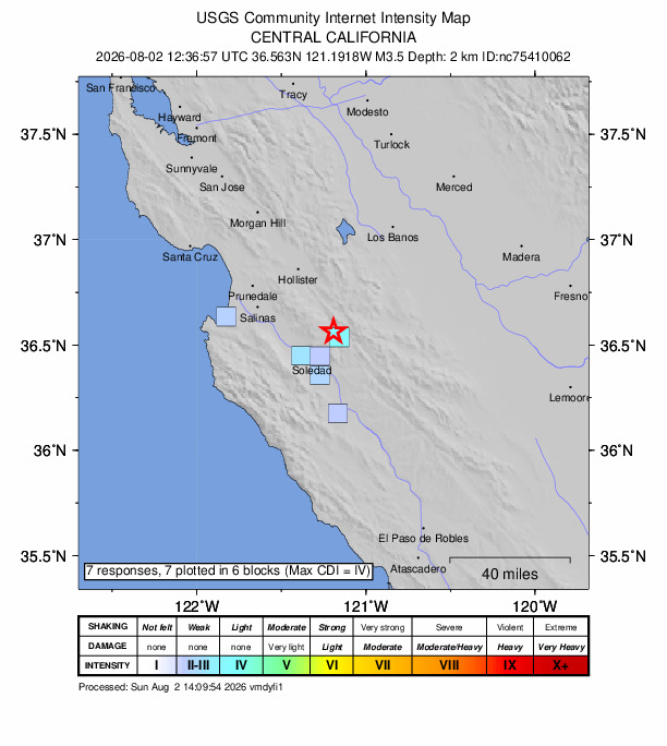 USGS DYFI community-reported intensity map for the M3.5 earthquake near 6 km NW of Pinnacles, CA