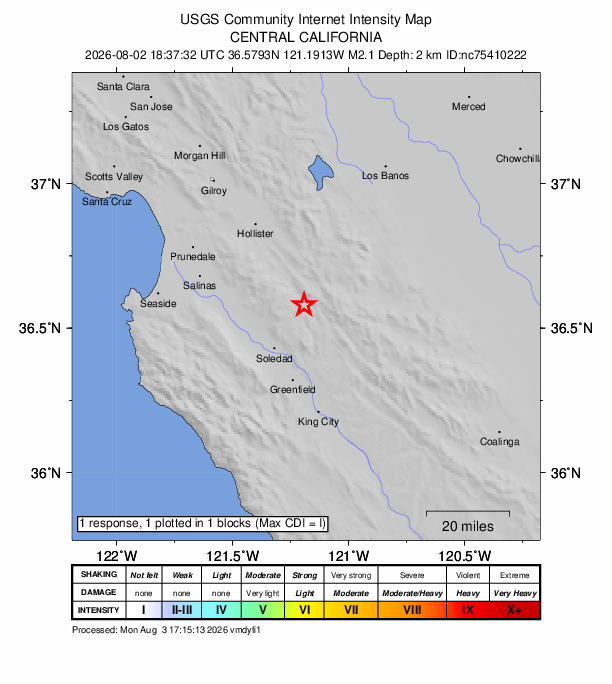 USGS DYFI community-reported intensity map for the M2.1 earthquake near 7 km NW of Pinnacles, CA