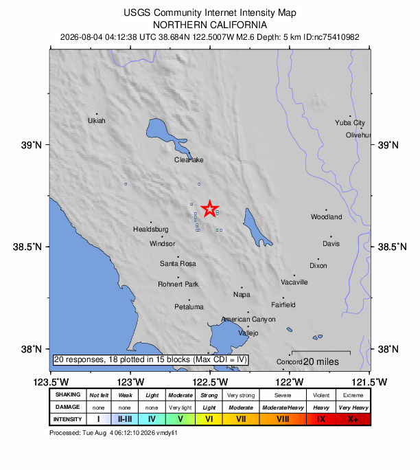 USGS DYFI community-reported intensity map for the M2.6 earthquake near 12 km SE of Middletown, CA