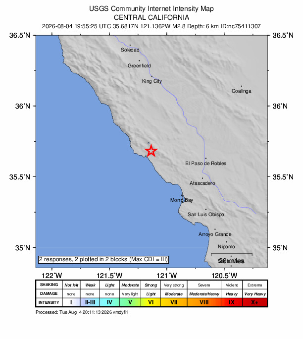 USGS DYFI community-reported intensity map for the M2.8 earthquake near 6 km NE of San Simeon, CA