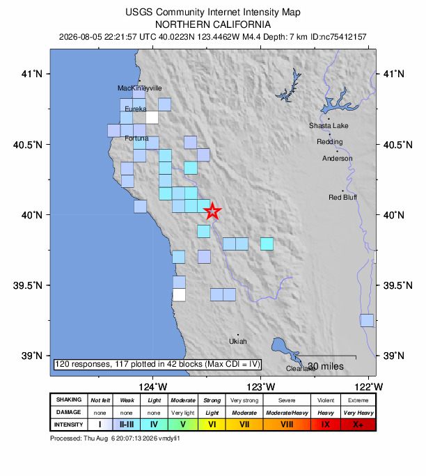 USGS DYFI community-reported intensity map for the M4.4 earthquake near 31 km NNW of Covelo, CA