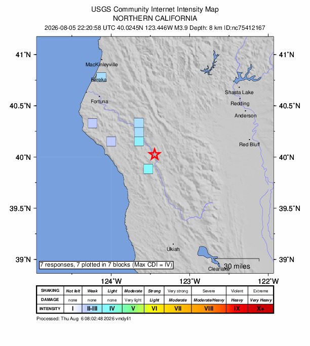 USGS DYFI community-reported intensity map for the M3.9 earthquake near 31 km NNW of Covelo, CA
