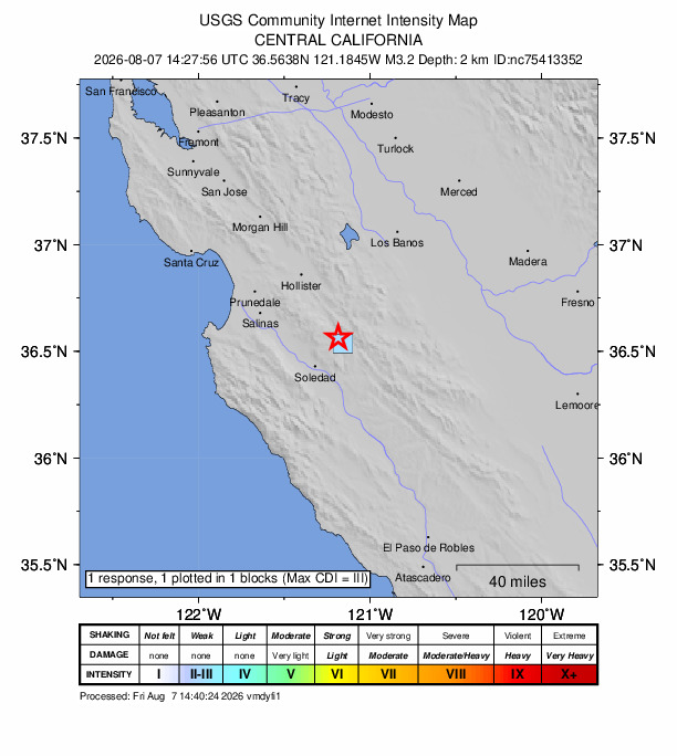 USGS DYFI community-reported intensity map for the M3.3 earthquake near 5 km NW of Pinnacles, CA