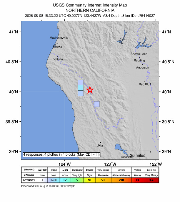 USGS DYFI community-reported intensity map for the M3.4 earthquake near 31 km NNW of Covelo, CA