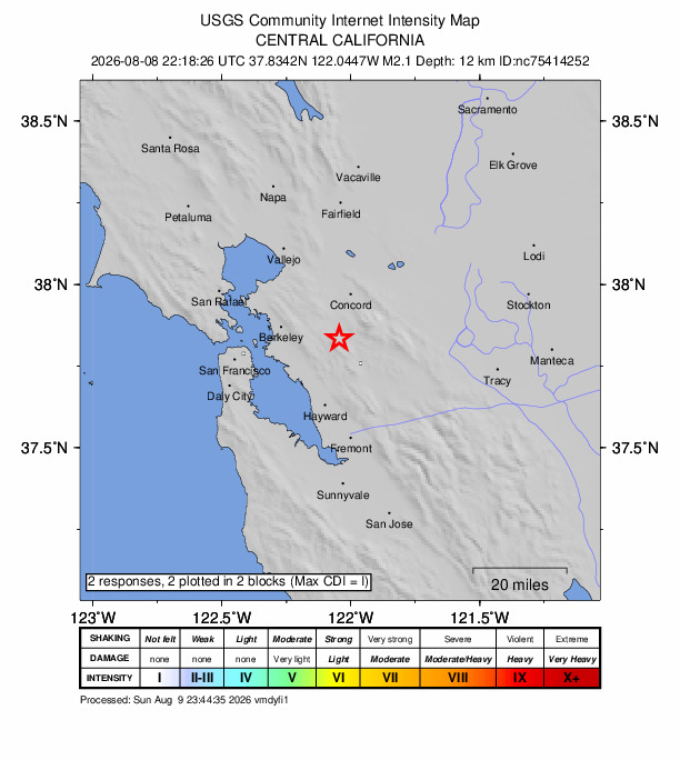 USGS DYFI community-reported intensity map for the M2.1 earthquake near 2 km SSW of Alamo, CA