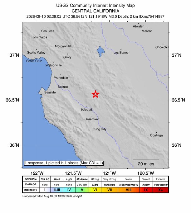 USGS DYFI community-reported intensity map for the M3.0 earthquake near 5 km NW of Pinnacles, CA