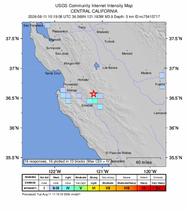 USGS DYFI community-reported intensity map for the M3.9 earthquake near 5 km NW of Pinnacles, CA