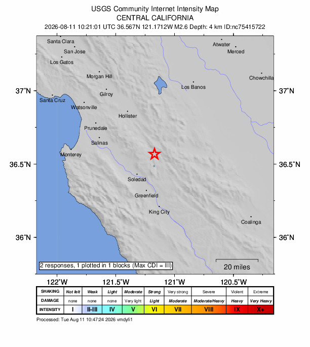USGS DYFI community-reported intensity map for the M2.6 earthquake near 5 km NNW of Pinnacles, CA