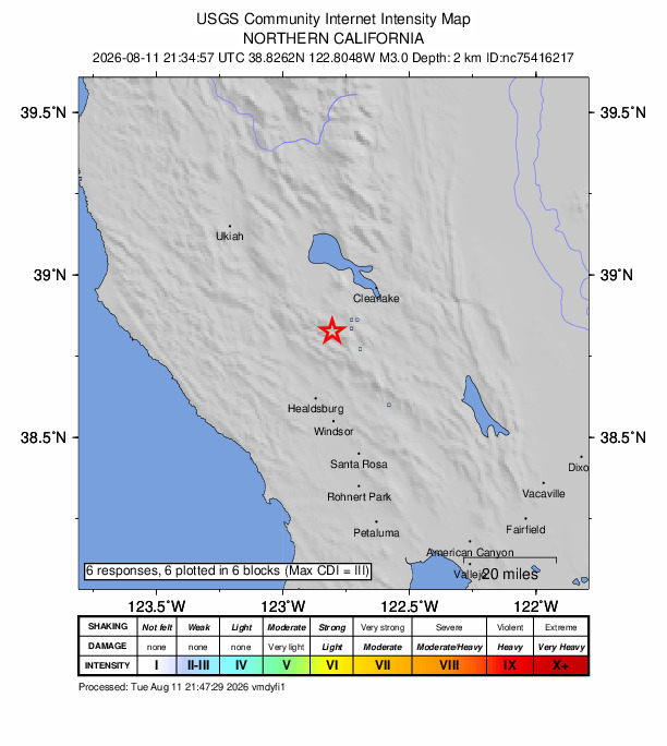 USGS DYFI community-reported intensity map for the M3.0 earthquake near 7 km NW of The Geysers, CA