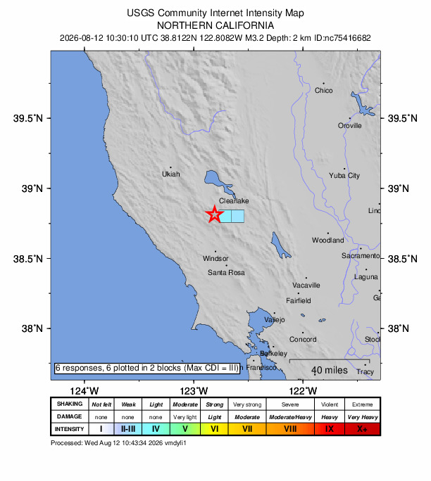 USGS DYFI community-reported intensity map for the M3.2 earthquake near 6 km NW of The Geysers, CA