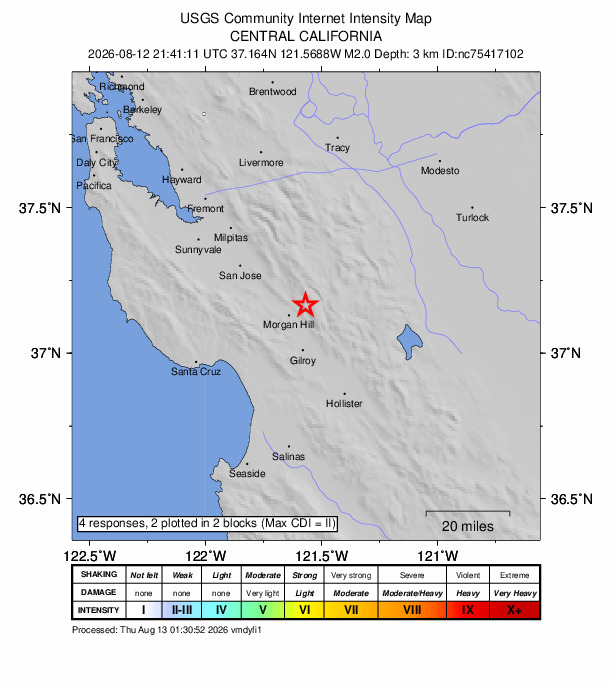USGS DYFI community-reported intensity map for the M2.0 earthquake near 8 km ENE of Morgan Hill, CA