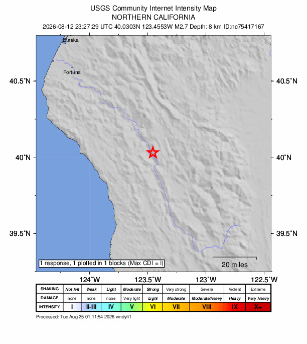 USGS DYFI community-reported intensity map for the M2.7 earthquake near 32 km NNW of Covelo, CA