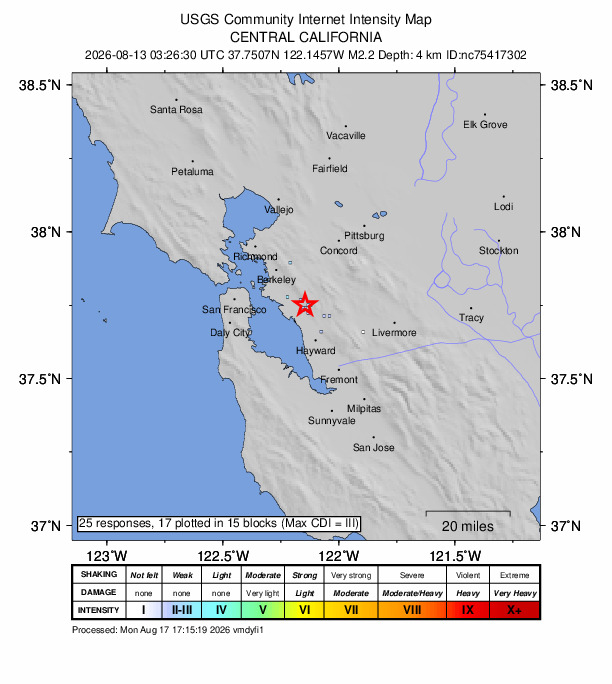 USGS DYFI community-reported intensity map for the M2.2 earthquake near 3 km NNE of San Leandro, CA