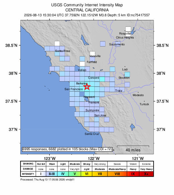 USGS DYFI community-reported intensity map for the M3.8 earthquake near 4 km N of San Leandro, CA