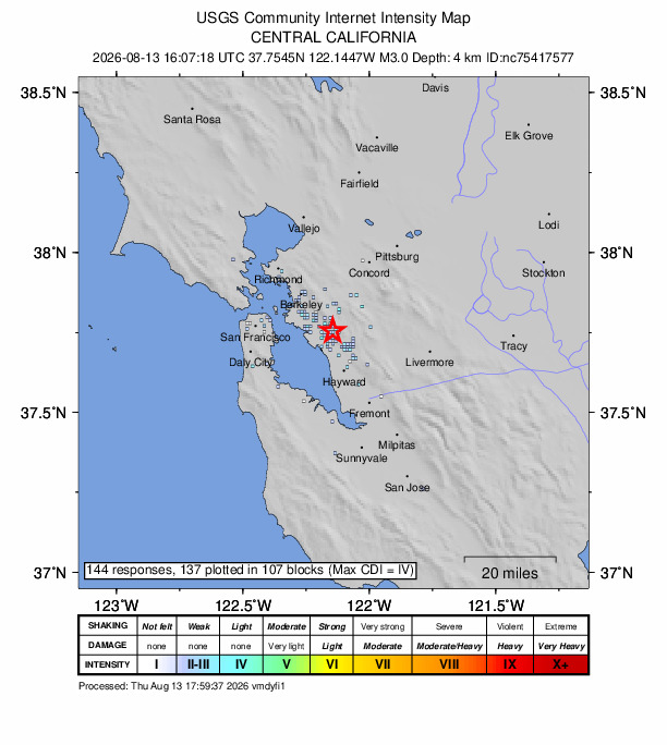 USGS DYFI community-reported intensity map for the M3.0 earthquake near 3 km NNE of San Leandro, CA