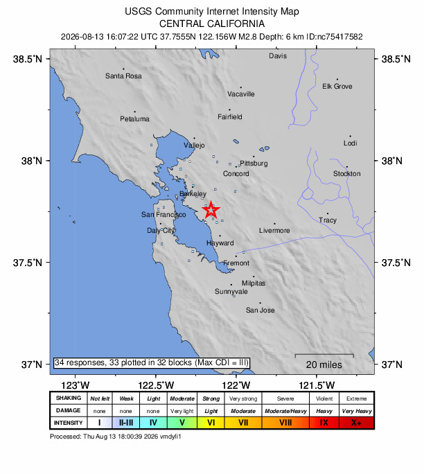 USGS DYFI community-reported intensity map for the M2.8 earthquake near 3 km N of San Leandro, CA