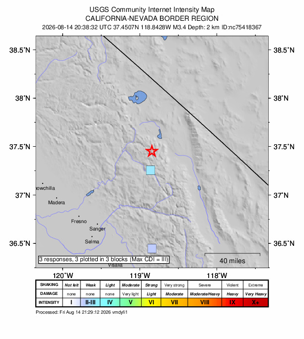 USGS DYFI community-reported intensity map for the M3.4 earthquake near 19 km SW of Toms Place, CA