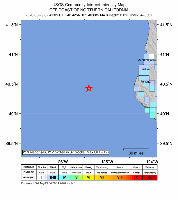 USGS DYFI community-reported intensity map for the M4.8 earthquake near 95 km W of Petrolia, CA