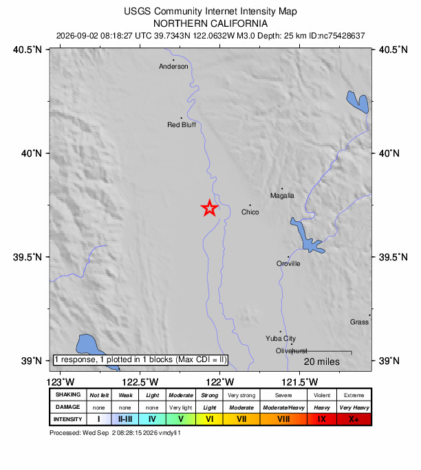 USGS DYFI community-reported intensity map for the M3.0 earthquake near 4 km WSW of Hamilton City, CA