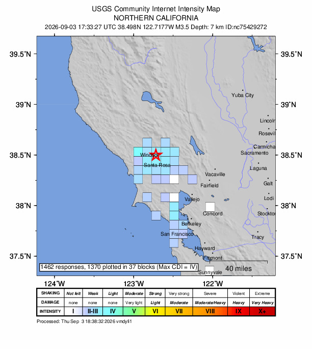 USGS DYFI community-reported intensity map for the M3.5 earthquake near 3 km ESE of Larkfield-Wikiup, CA