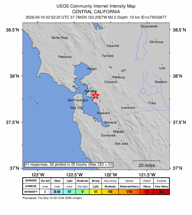 USGS DYFI community-reported intensity map for the M2.5 earthquake near 2 km ESE of Oakland, CA