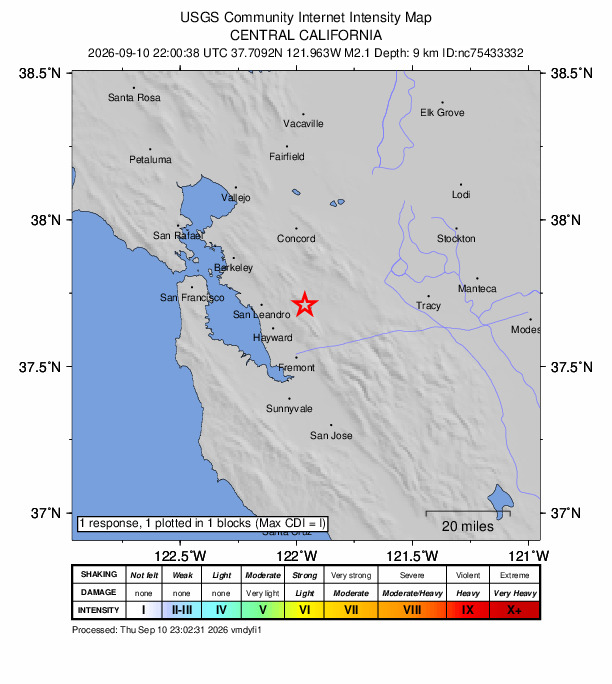 USGS DYFI community-reported intensity map for the M2.1 earthquake near 3 km WNW of Dublin, CA