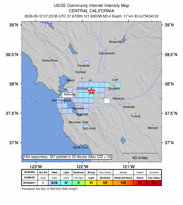 USGS DYFI community-reported intensity map for the M3.4 earthquake near 9 km SW of Brentwood, CA