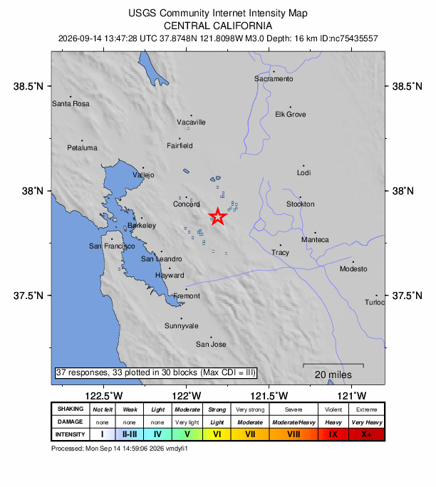 USGS DYFI community-reported intensity map for the M3.0 earthquake near 9 km SW of Brentwood, CA