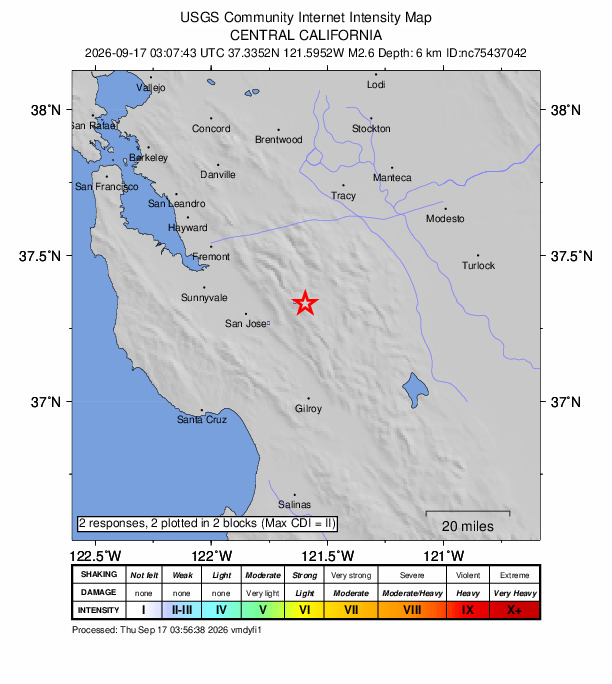 USGS DYFI community-reported intensity map for the M2.6 earthquake near 21 km E of Alum Rock, CA