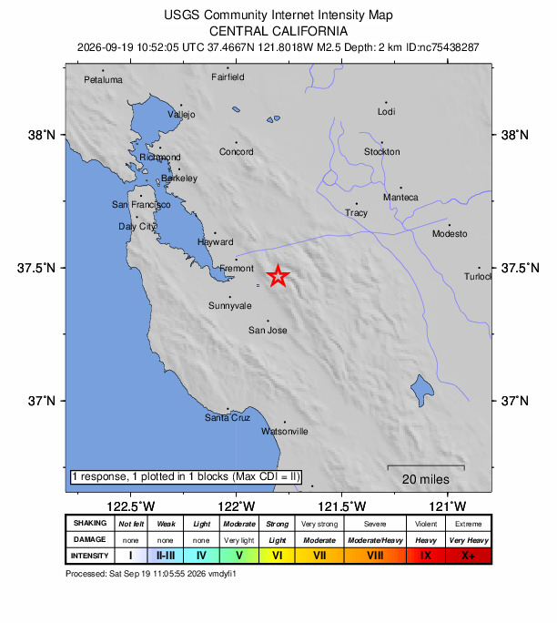 USGS DYFI community-reported intensity map for the M2.5 earthquake near 10 km ENE of Milpitas, CA