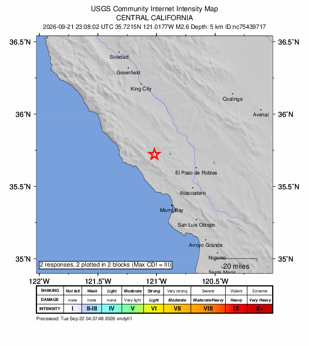 USGS DYFI community-reported intensity map for the M2.6 earthquake near 12 km W of Lake Nacimiento, CA