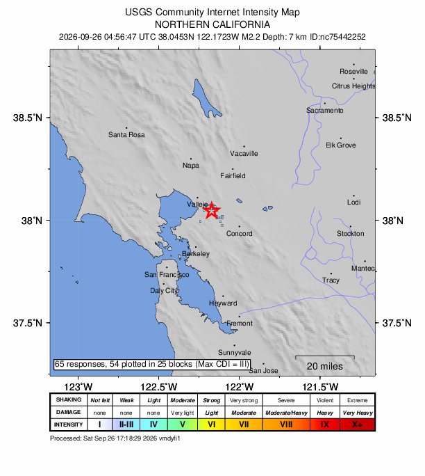 USGS DYFI community-reported intensity map for the M2.2 earthquake near 1 km E of Port Costa, CA