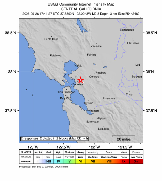 USGS DYFI community-reported intensity map for the M2.3 earthquake near 4 km WNW of Orinda, CA