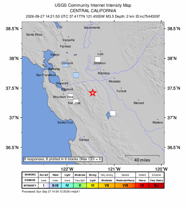 USGS DYFI community-reported intensity map for the M3.5 earthquake near 27 km WSW of Westley, CA