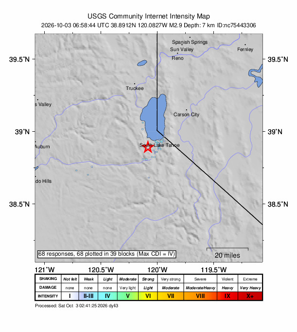 USGS DYFI community-reported intensity map for the M2.9 earthquake near 10 km WSW of South Lake Tahoe, CA