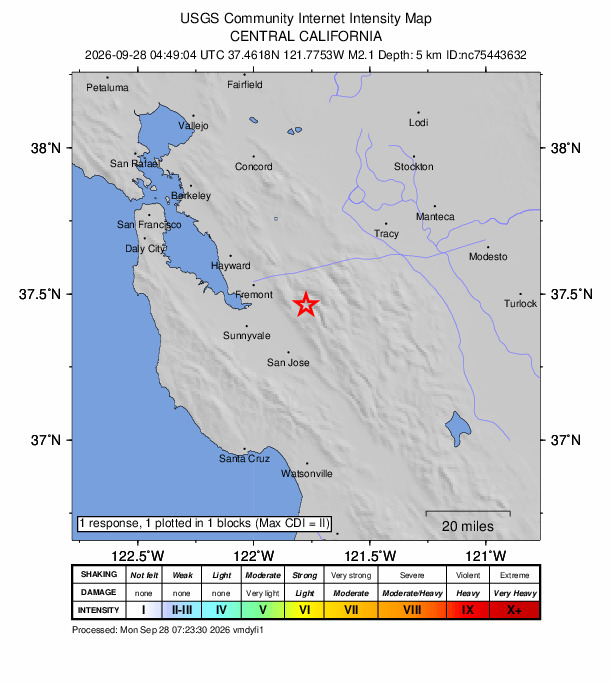 USGS DYFI community-reported intensity map for the M2.1 earthquake near 12 km NNE of Alum Rock, CA