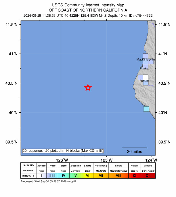 USGS DYFI community-reported intensity map for the M4.8 earthquake near 97 km W of Petrolia, CA