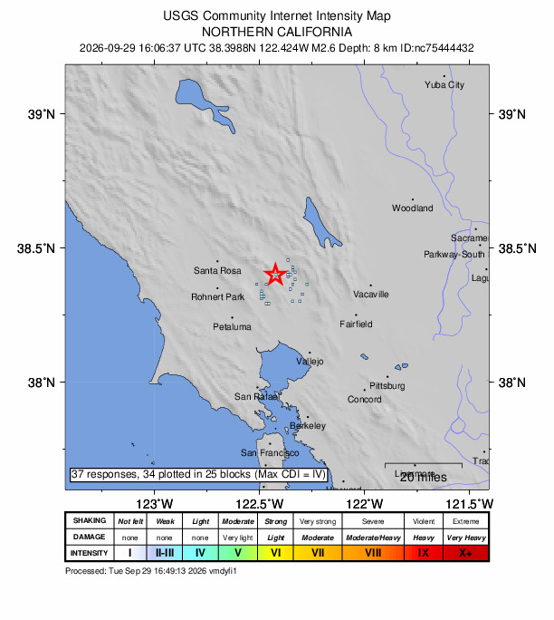 USGS DYFI community-reported intensity map for the M2.6 earthquake near 6 km W of Yountville, CA
