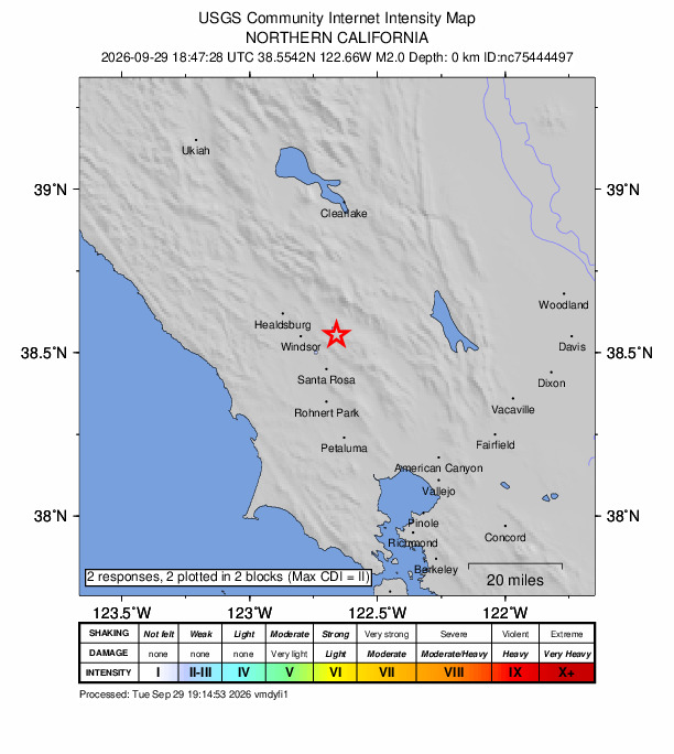 USGS DYFI community-reported intensity map for the M2.0 earthquake near 7 km WSW of Calistoga, CA