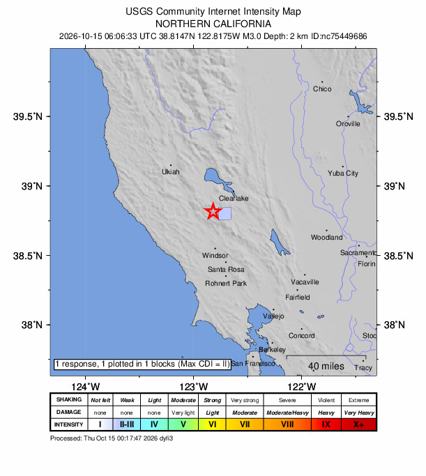 USGS DYFI community-reported intensity map for the M3.0 earthquake near 7 km NW of The Geysers, CA