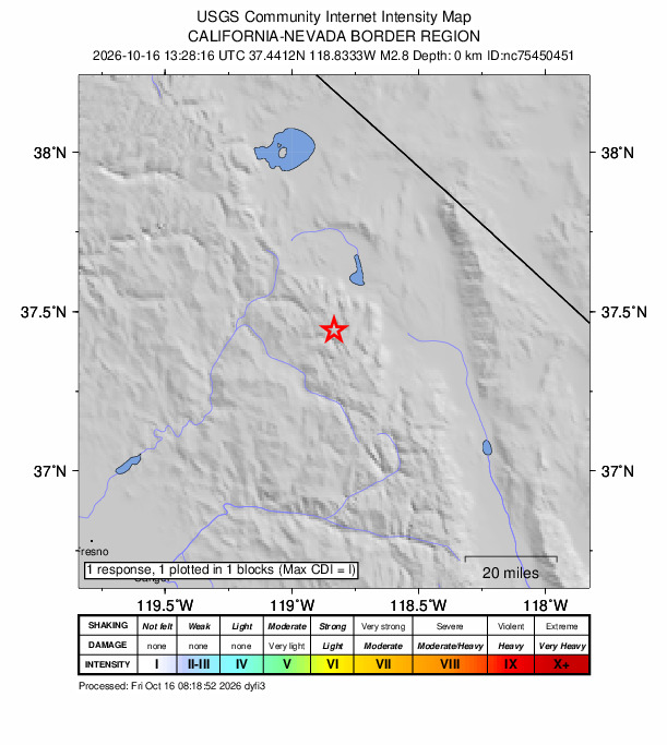 USGS DYFI community-reported intensity map for the M2.8 earthquake near 19 km SW of Toms Place, CA