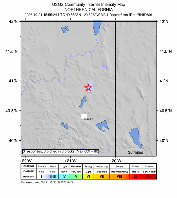 USGS DYFI community-reported intensity map for the M3.1 earthquake near 39 km SSW of Likely, CA