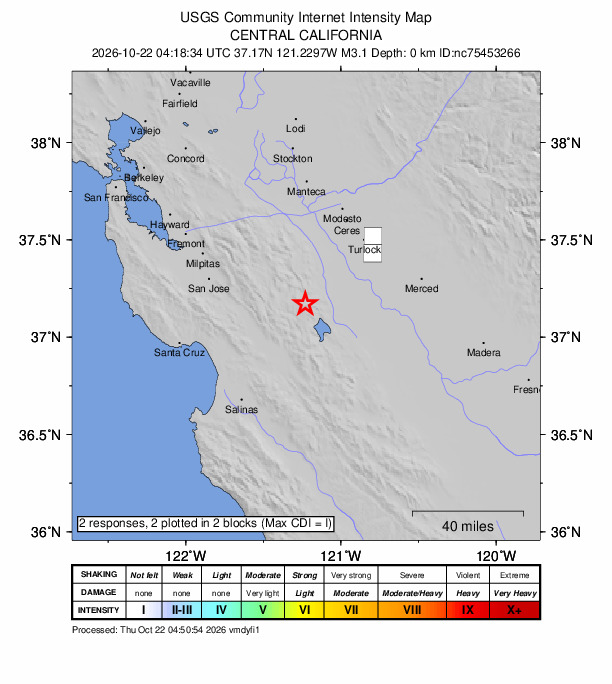 USGS DYFI community-reported intensity map for the M3.1 earthquake near 23 km WSW of Gustine, CA