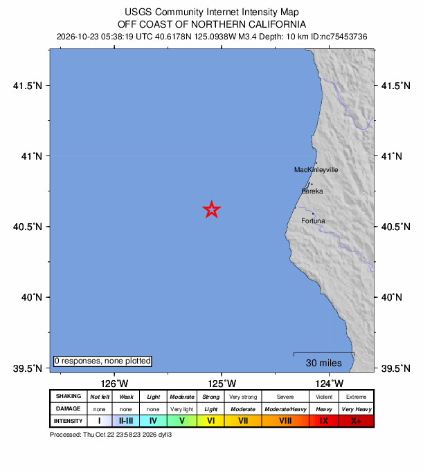 USGS DYFI community-reported intensity map for the M3.4 earthquake near 70 km W of Ferndale, CA