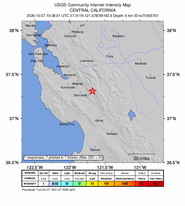 USGS DYFI community-reported intensity map for the M2.6 earthquake near 14 km E of Seven Trees, CA