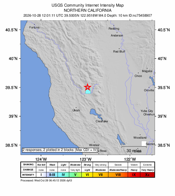 USGS DYFI community-reported intensity map for the M4.0 earthquake near 10 km N of Lake Pillsbury, CA