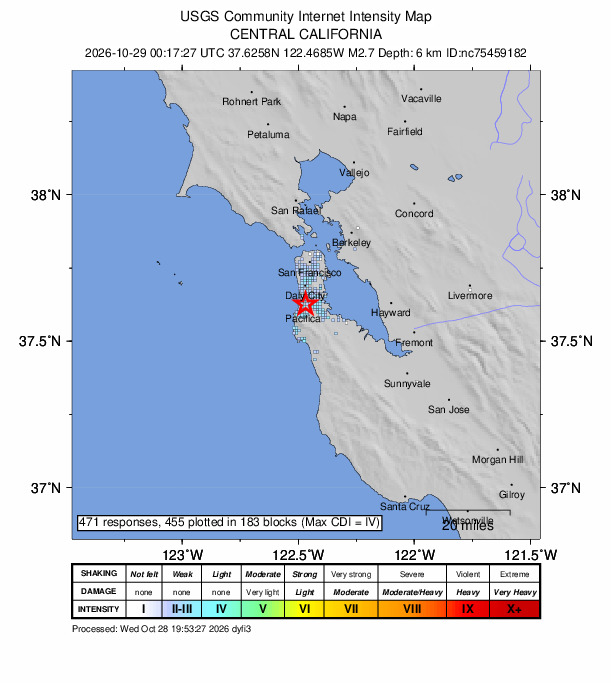 USGS DYFI community-reported intensity map for the M2.7 earthquake near 2 km NE of Pacifica, CA